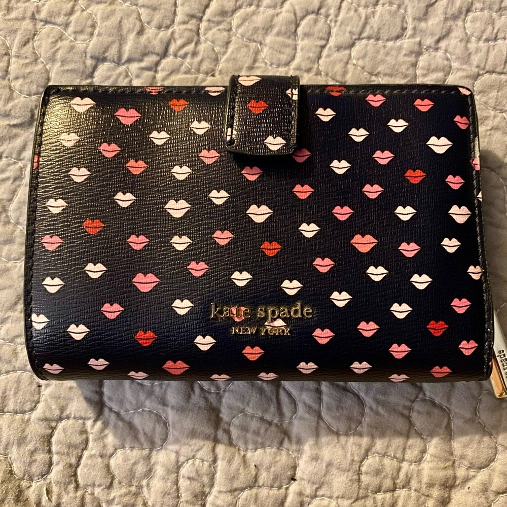 Kate Spade Black Wallet with Colorful Lip Pattern